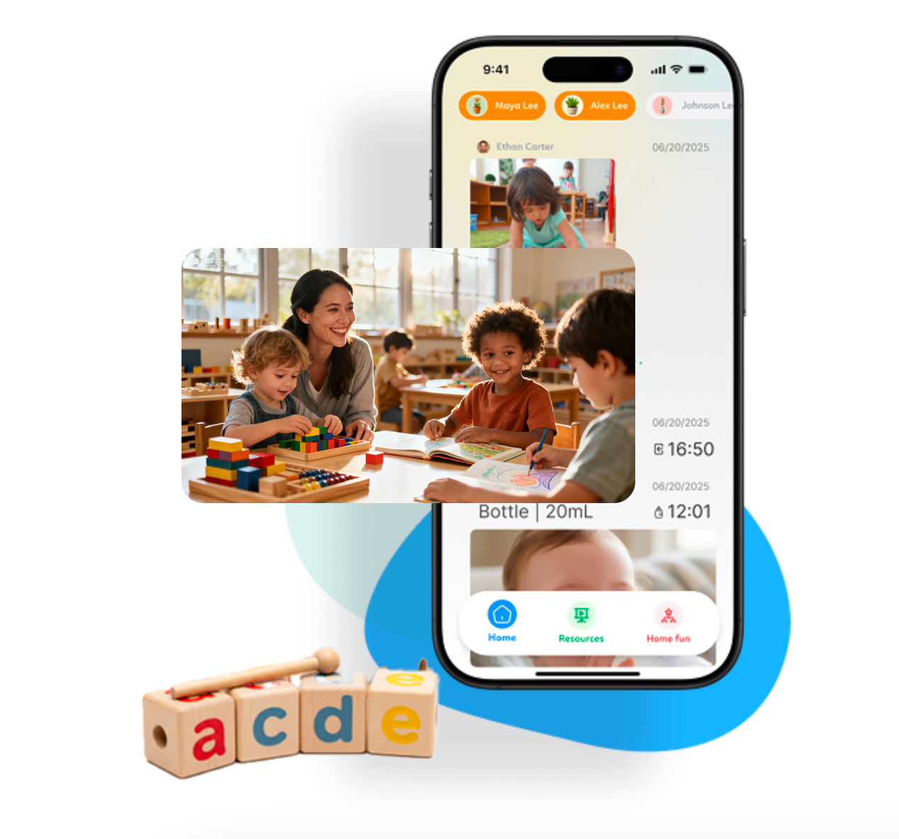 Montopia parent app with classroom photos, daily updates and the care log