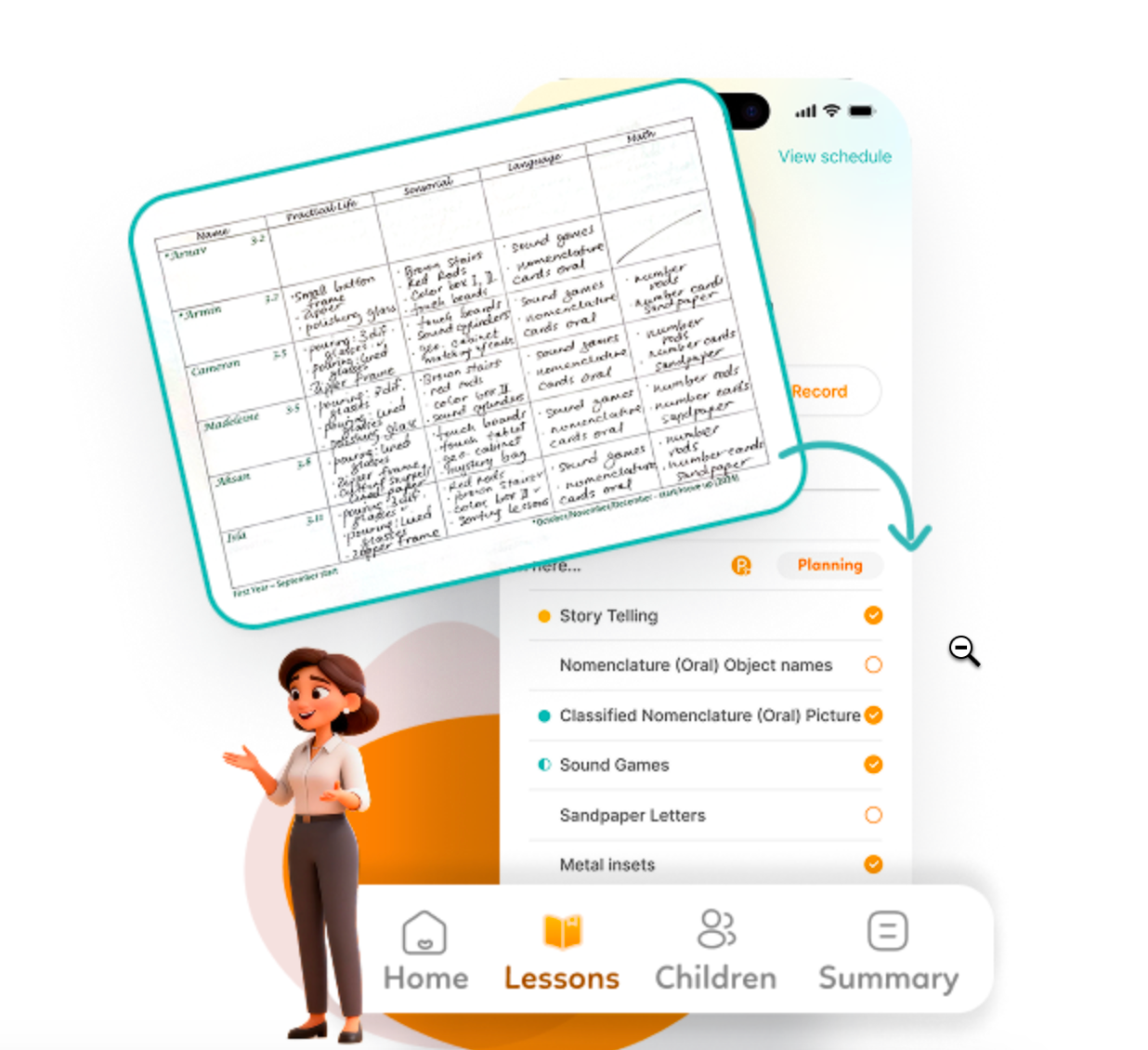 Handwritten record sheet turned into lesson records in the Montopia teacher app
