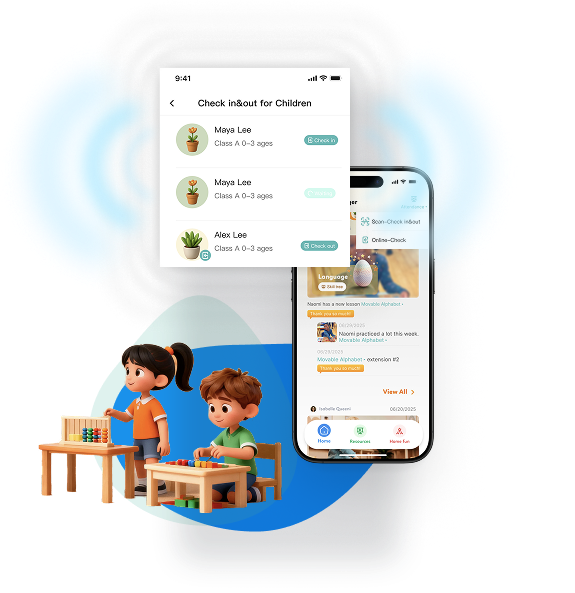 Montopia app with check-in screen and children at Montessori work