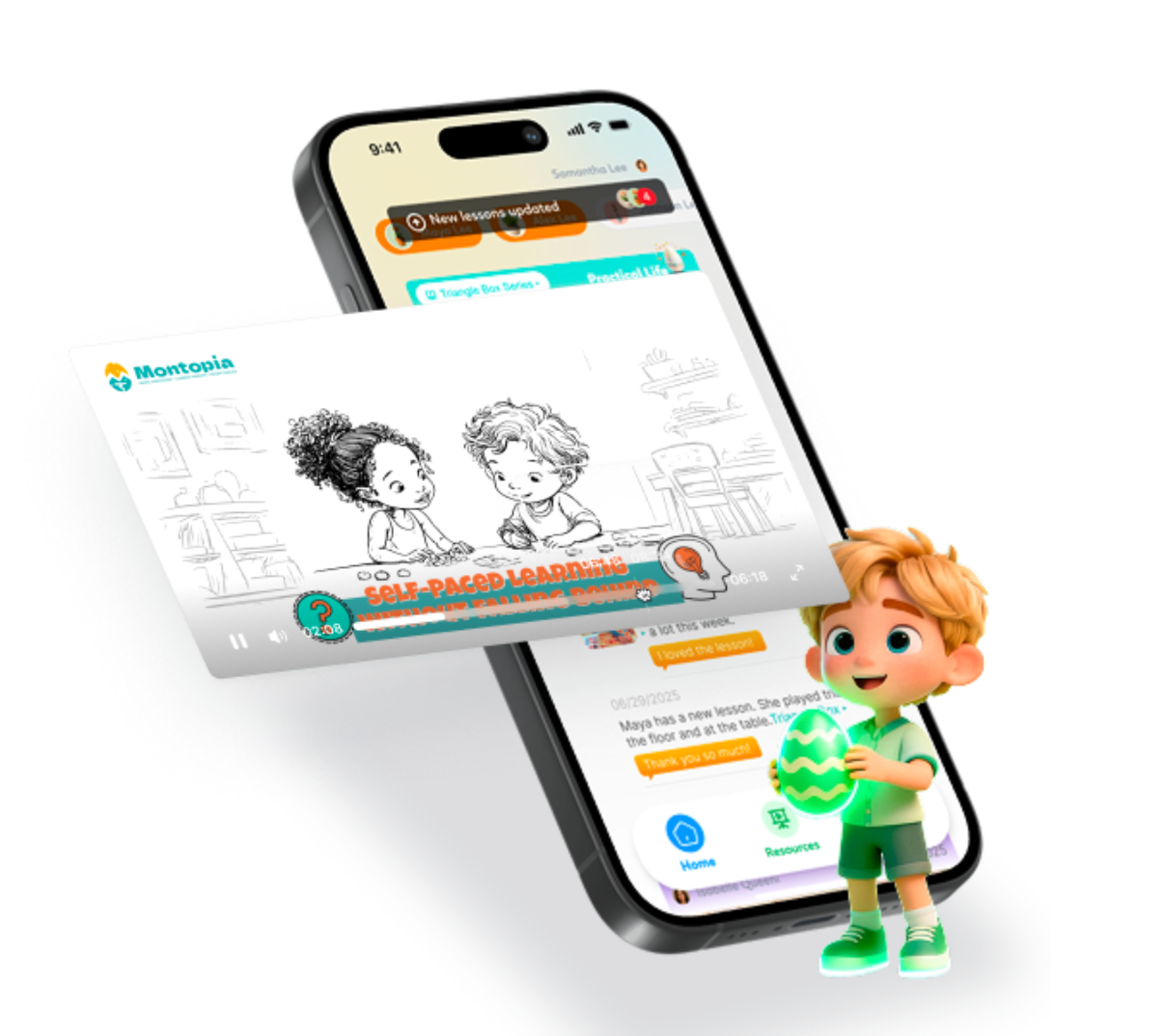 Montopia parent app showing a Montessori Explained video inside a classroom update